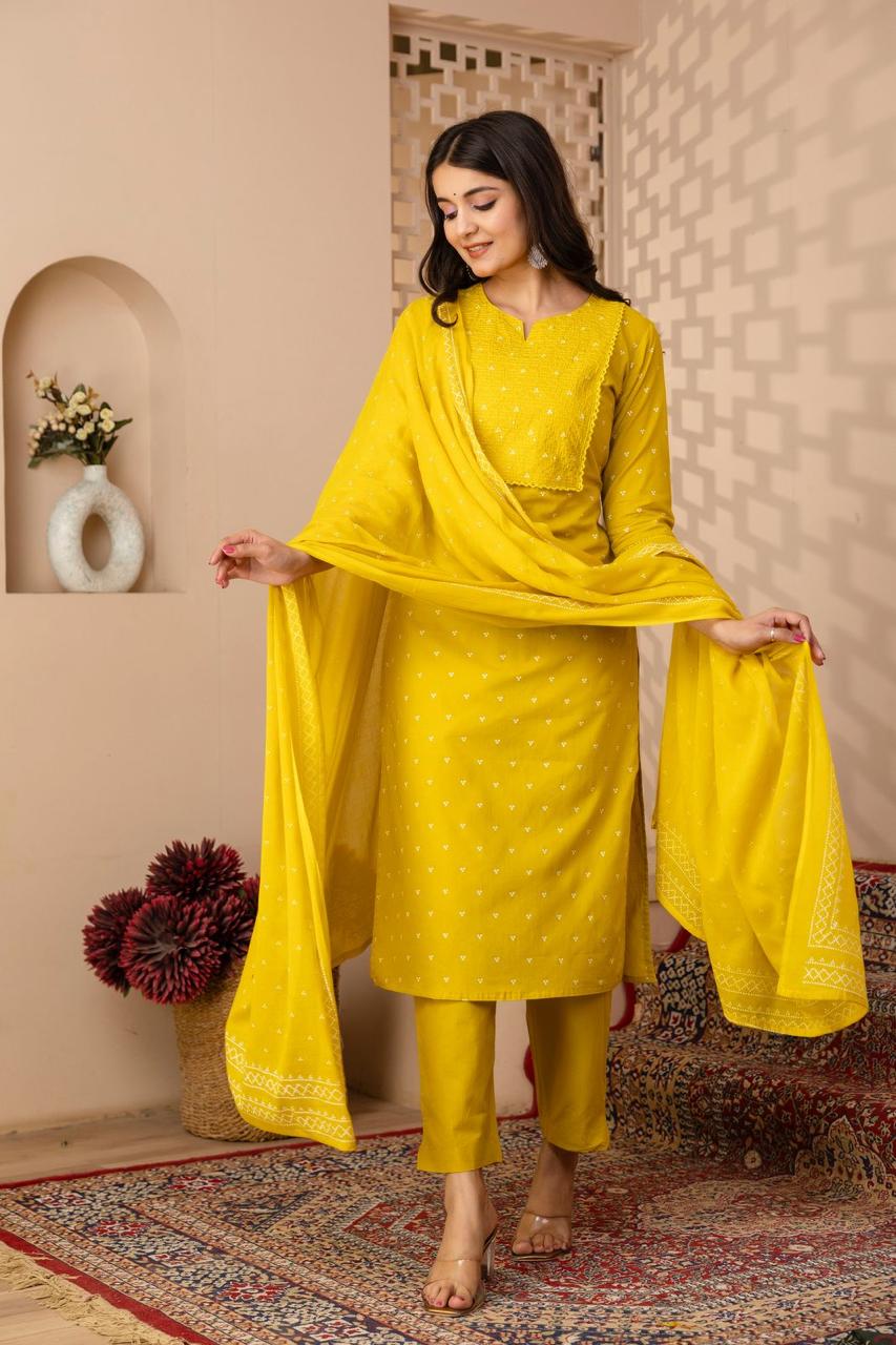 Yellow Cotton Straight Kurta Slim Pants Suit Set