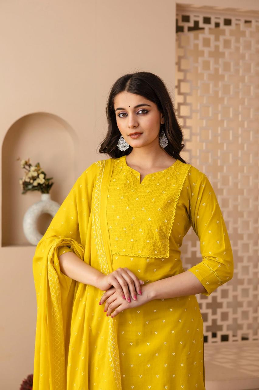 Yellow Cotton Straight Kurta Slim Pants Suit Set