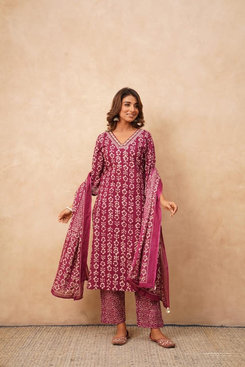 "Elegant Cotton Block Printed Zari Work Suit Set – A Timeless Statement Piece"