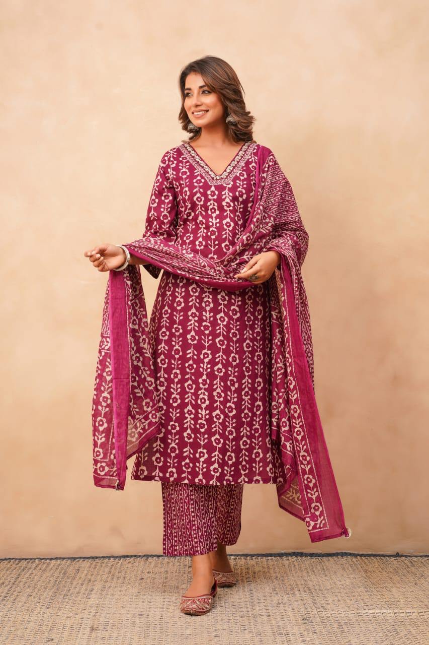 "Elegant Cotton Block Printed Zari Work Suit Set – A Timeless Statement Piece"