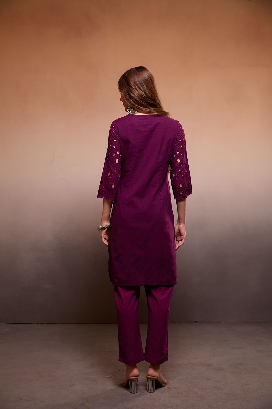 "Handcrafted Wine Chikankari Co-ord Set with Mirror Work | Premium Cotton Loungewear for Women" - Nakh Clothing