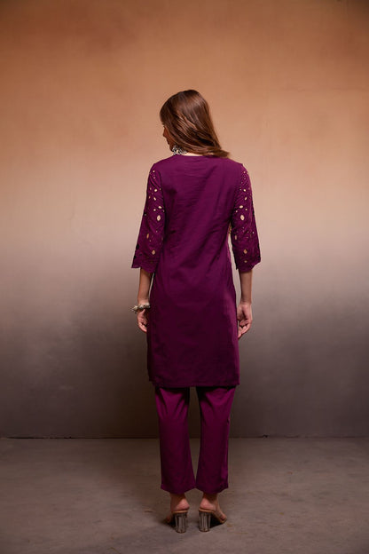 "Handcrafted Wine Chikankari Co-ord Set with Mirror Work | Premium Cotton Loungewear for Women" - Nakh Clothing