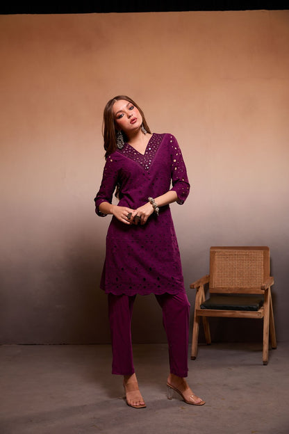 "Handcrafted Wine Chikankari Co-ord Set with Mirror Work | Premium Cotton Loungewear for Women" - Nakh Clothing