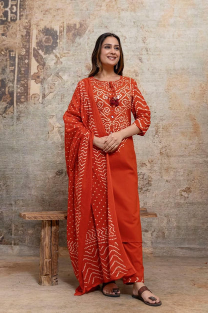 Bandhej-Inspired Cotton 3-Piece Set with Mirror Work & Tassel Details