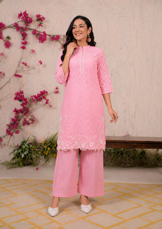 Baby Pink Chikankari Cotton Co-Ord Set for Women - Nakh Clothing