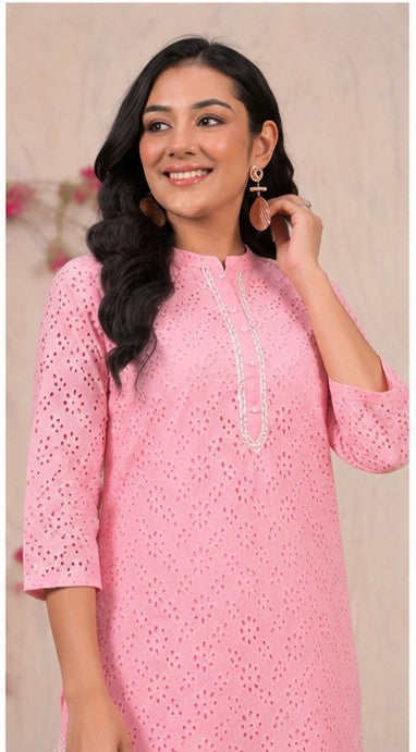 Baby Pink Chikankari Cotton Co-Ord Set for Women - Nakh Clothing