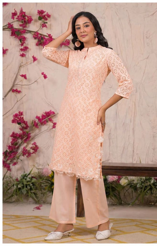 Peach Chikankari Cotton Co-Ord Set for Women with Embroidery - Nakh Clothing