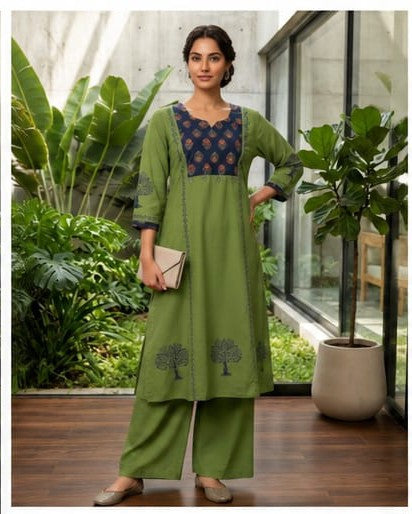 Green Dabu Cotton Handblock Printed 2PC Kurta Set with Mirror Work - Nakh Clothing