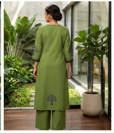 Green Dabu Cotton Handblock Printed 2PC Kurta Set with Mirror Work
