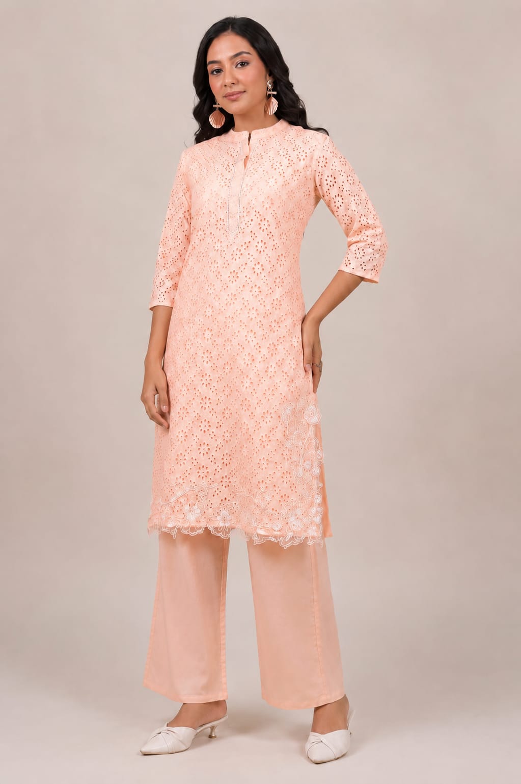 Peach Chikankari Cotton Co-Ord Set for Women with Embroidery - Nakh Clothing