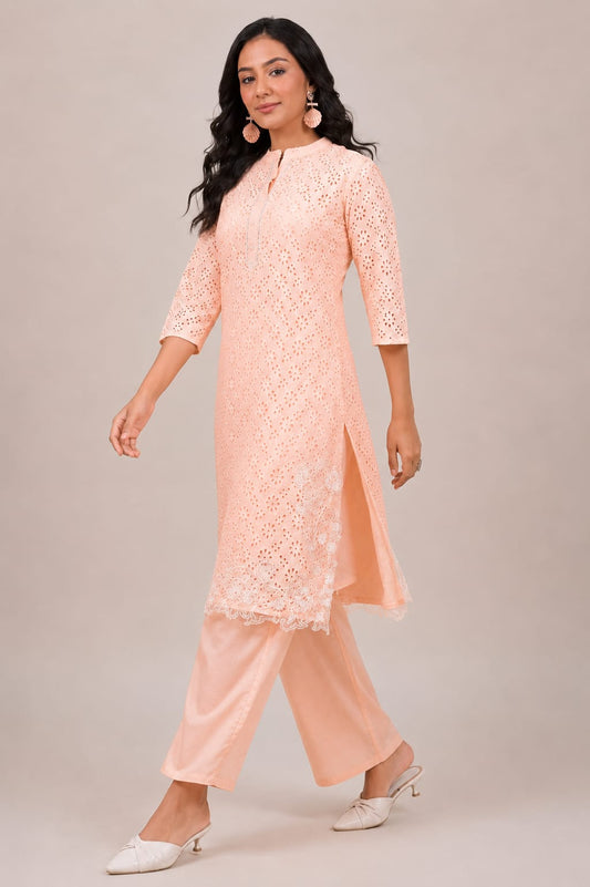 Peach Chikankari Cotton Co-Ord Set for Women with Embroidery - Nakh Clothing