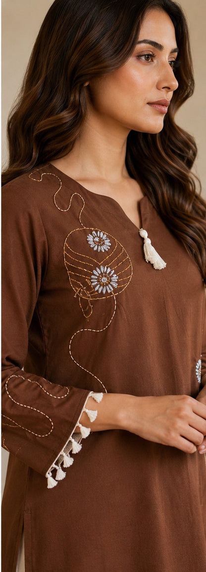 Elegant Brown Rayon Embroidered Co-Ord Set - Nakh Clothing
