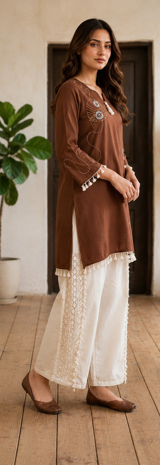 Elegant Brown Rayon Embroidered Co-Ord Set - Nakh Clothing
