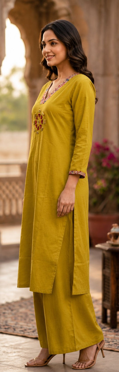 Mustard Dabu Cotton Kurta Palazzo Set with Mirror Work - Nakh Clothing