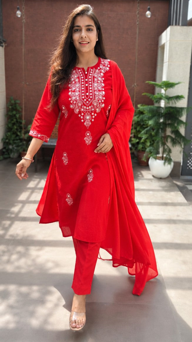 Red Cotton Slub Embroidered 3 Piece Suit Set for Women - Nakh Clothing