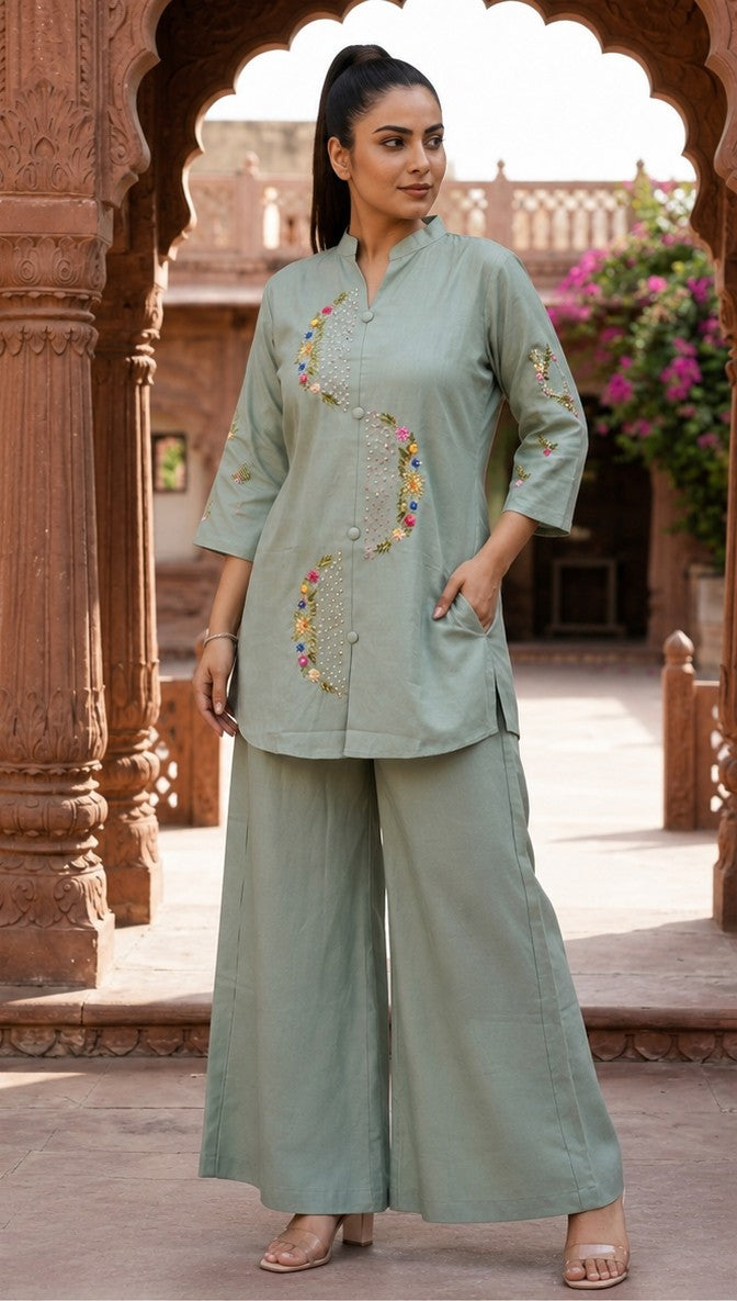 Pista Green Embroidered Handwork Co-Ord Set for Women - Nakh Clothing