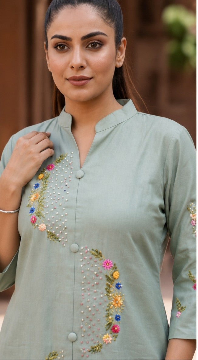 Pista Green Embroidered Handwork Co-Ord Set for Women - Nakh Clothing