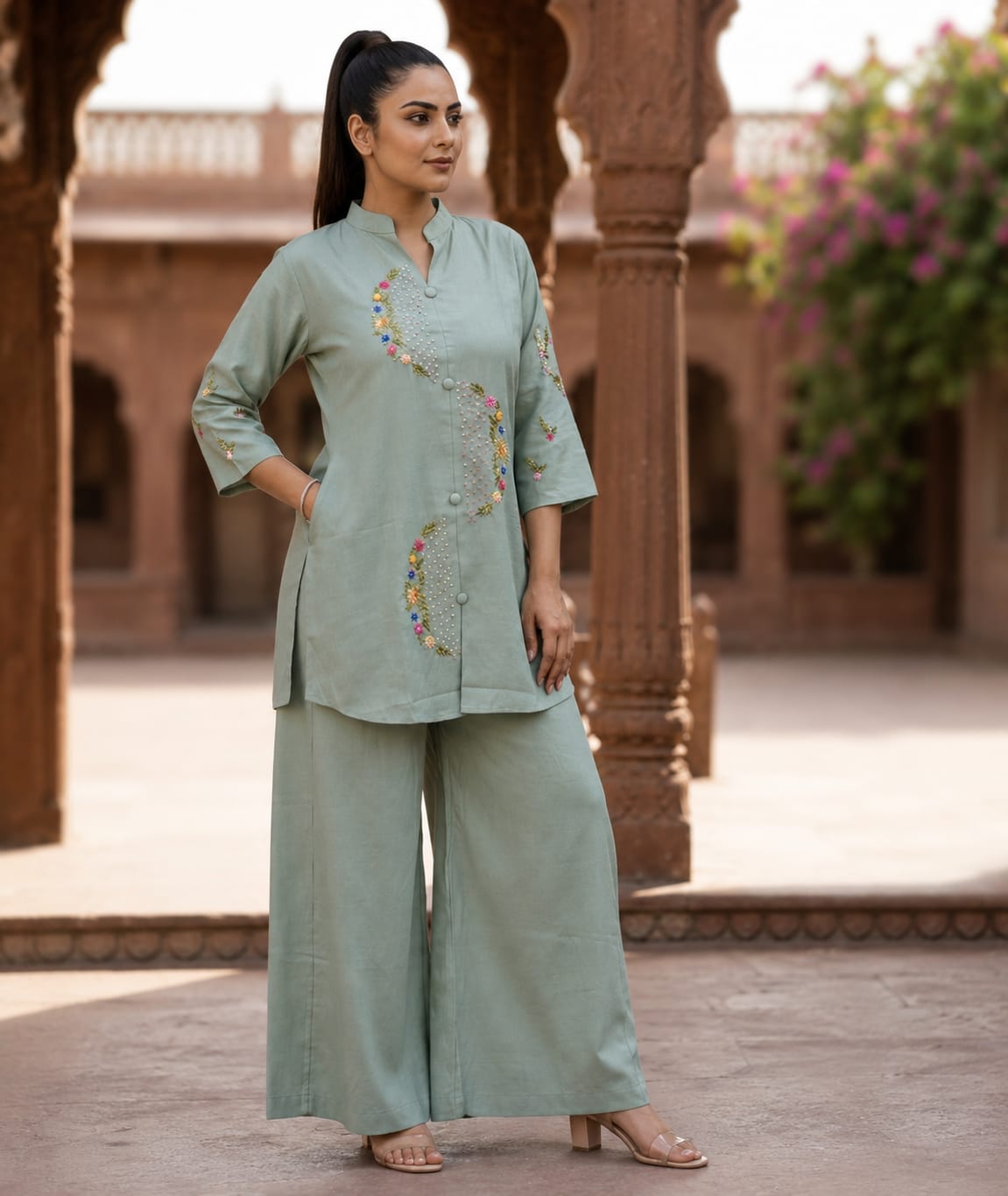 Pista Green Embroidered Handwork Co-Ord Set for Women - Nakh Clothing