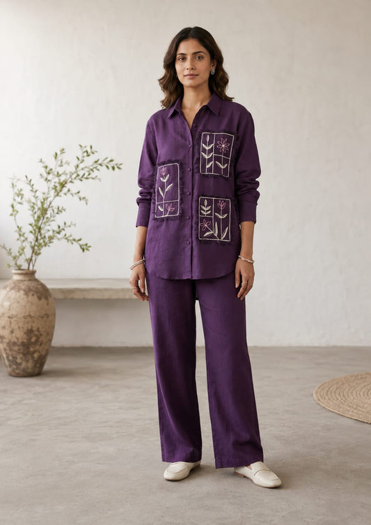 Elegant Purple Embroidered Cotton Co-Ord Set for Women - Nakh Clothing