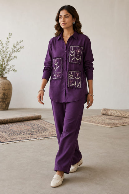 Elegant Purple Embroidered Cotton Co-Ord Set for Women - Nakh Clothing