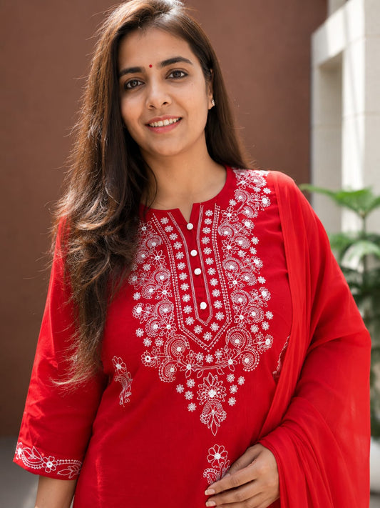 Red Cotton Slub Embroidered 3 Piece Suit Set for Women
