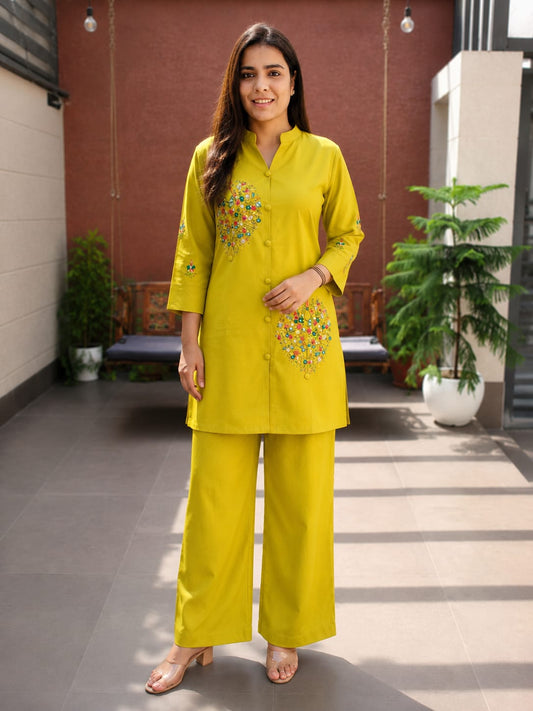 Mustard Embroidered Handwork Co-Ord Set for Women - Nakh Clothing