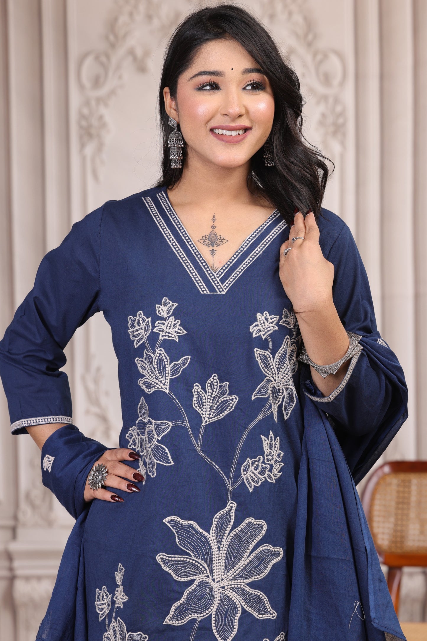 Royal Blue Floral Embroidered Cotton Suit Set