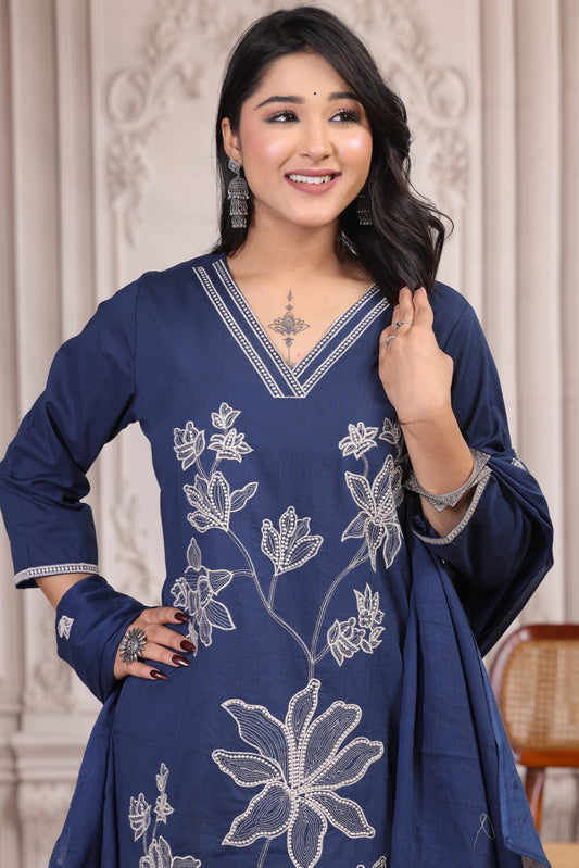 Royal Blue Floral Embroidered Cotton Suit Set - Nakh Clothing