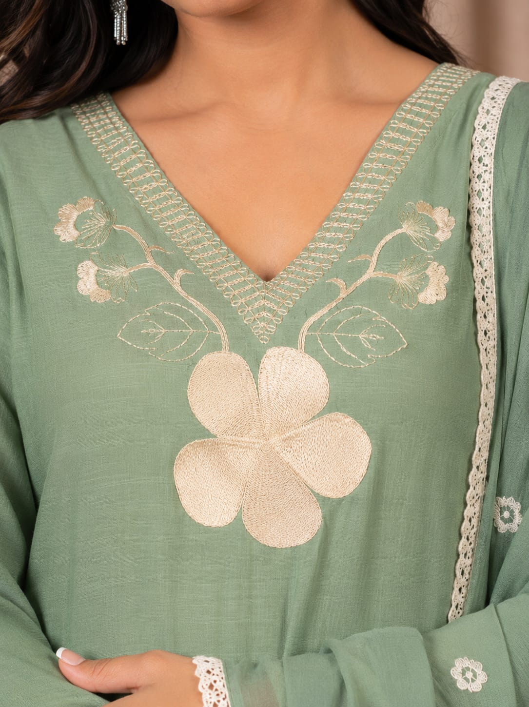 Sage Green Floral Embroidered Cotton Suit Set - Nakh Clothing