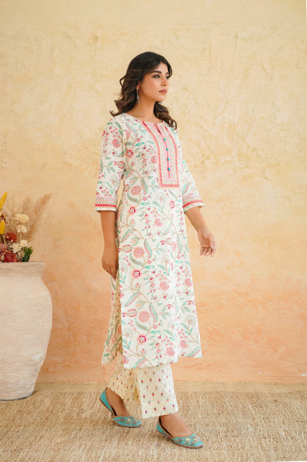 Rama Floral Cotton Suit Set with Dupatta for Women. - Nakh Clothing