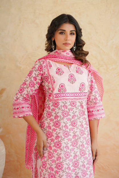 Pink Floral Cotton Suit Set with Dupatta for Women. - Nakh Clothing