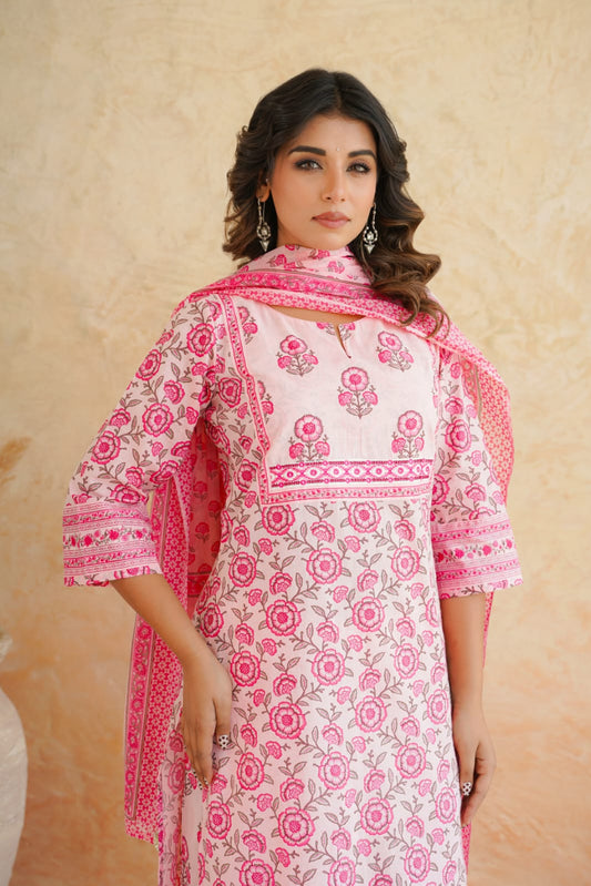 Pink Floral Cotton Suit Set with Dupatta for Women.