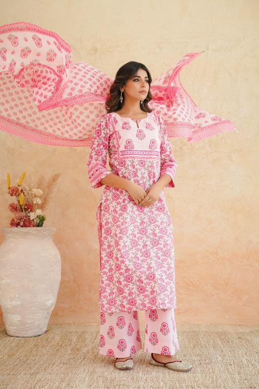 Pink Floral Cotton Suit Set with Dupatta for Women.
