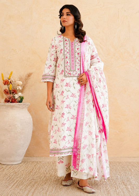 Pink Floral Cotton Suit Set with Embroidered Yoke & Dupatta ✨