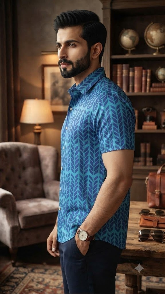 Blue Cotton Geometric Print Half Sleeve Casual Shirt for Men