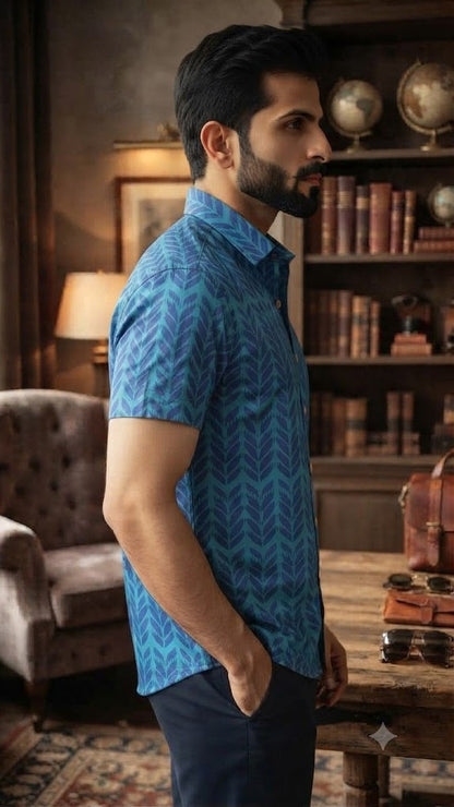Blue Cotton Geometric Print Half Sleeve Casual Shirt for Men