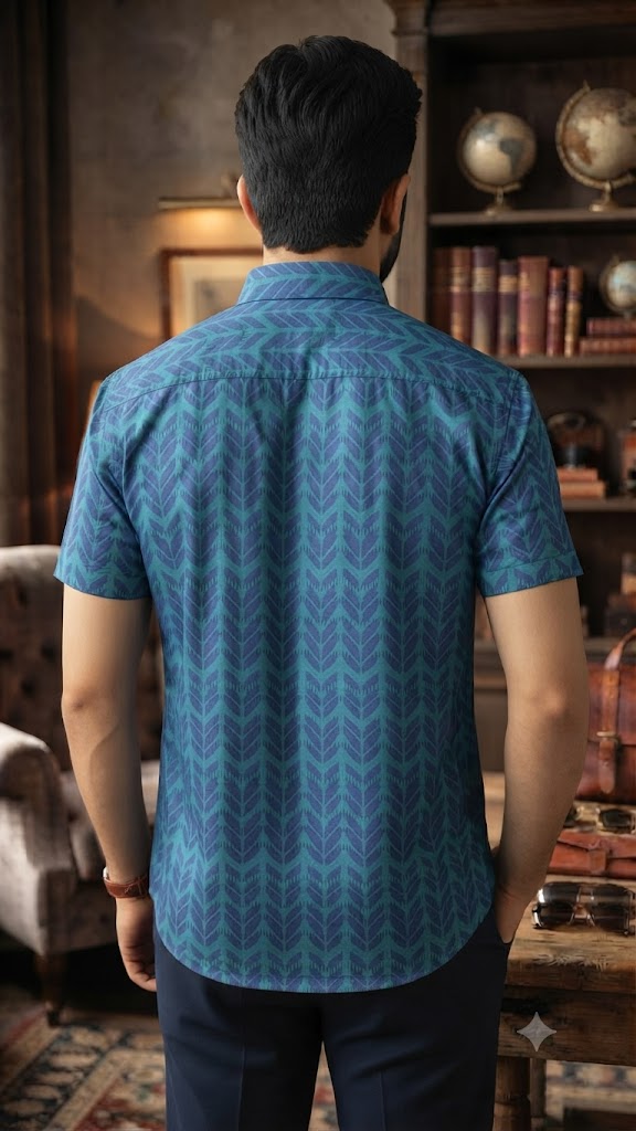 Blue Cotton Geometric Print Half Sleeve Casual Shirt for Men
