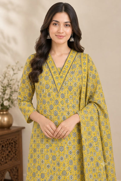 Mustard Yellow Cotton Kurta Set with Pant & Dupatta