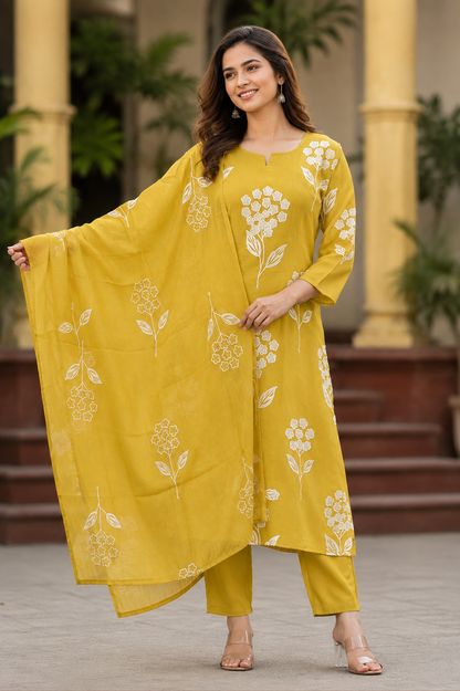 Mustard Yellow Floral Kurta Pant Set with Dupatta – Soft Chanderi Fabric