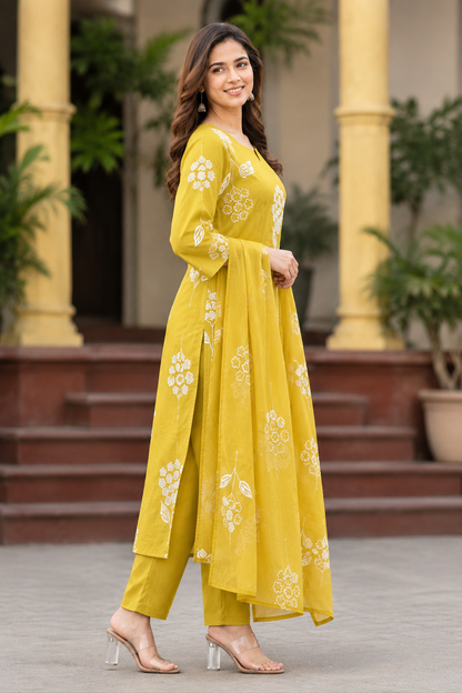 Mustard Yellow Floral Kurta Pant Set with Dupatta – Soft Chanderi Fabric