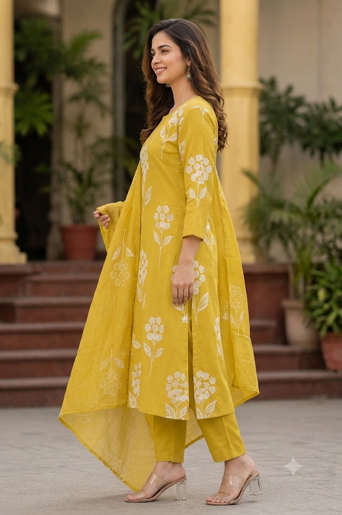 Mustard Yellow Floral Kurta Pant Set with Dupatta – Soft Chanderi Fabric