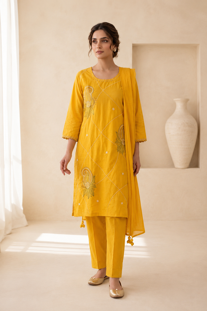 "Yellow Embroidered Cotton Kurta Set with Dupatta | Festive" - Nakh Clothing