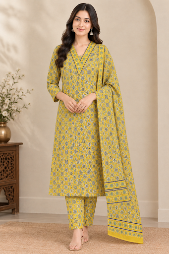 Mustard Yellow Cotton Kurta Set with Pant & Dupatta