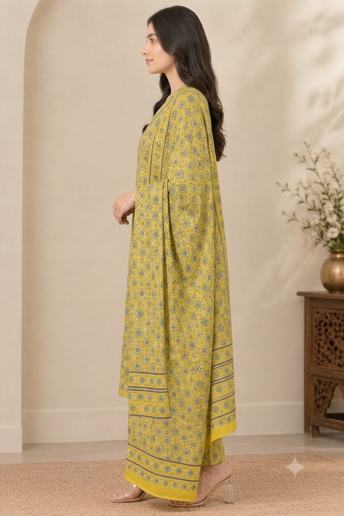 Mustard Yellow Cotton Kurta Set with Pant & Dupatta