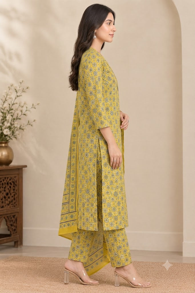Mustard Yellow Cotton Kurta Set with Pant & Dupatta