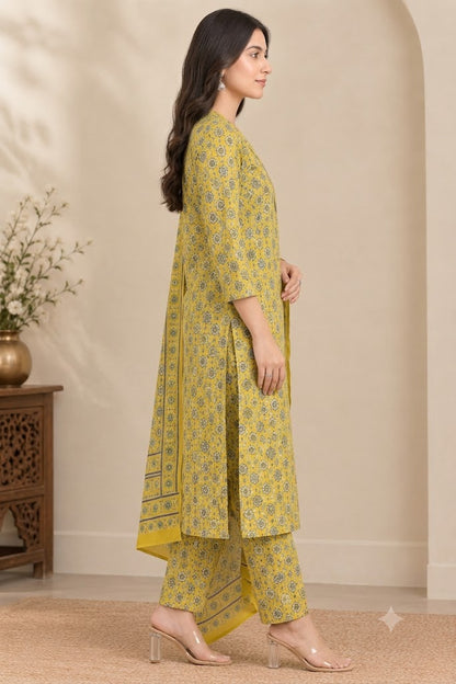 Mustard Yellow Cotton Kurta Set with Pant & Dupatta