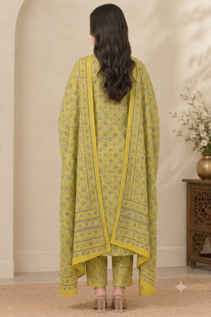 Mustard Yellow Cotton Kurta Set with Pant & Dupatta