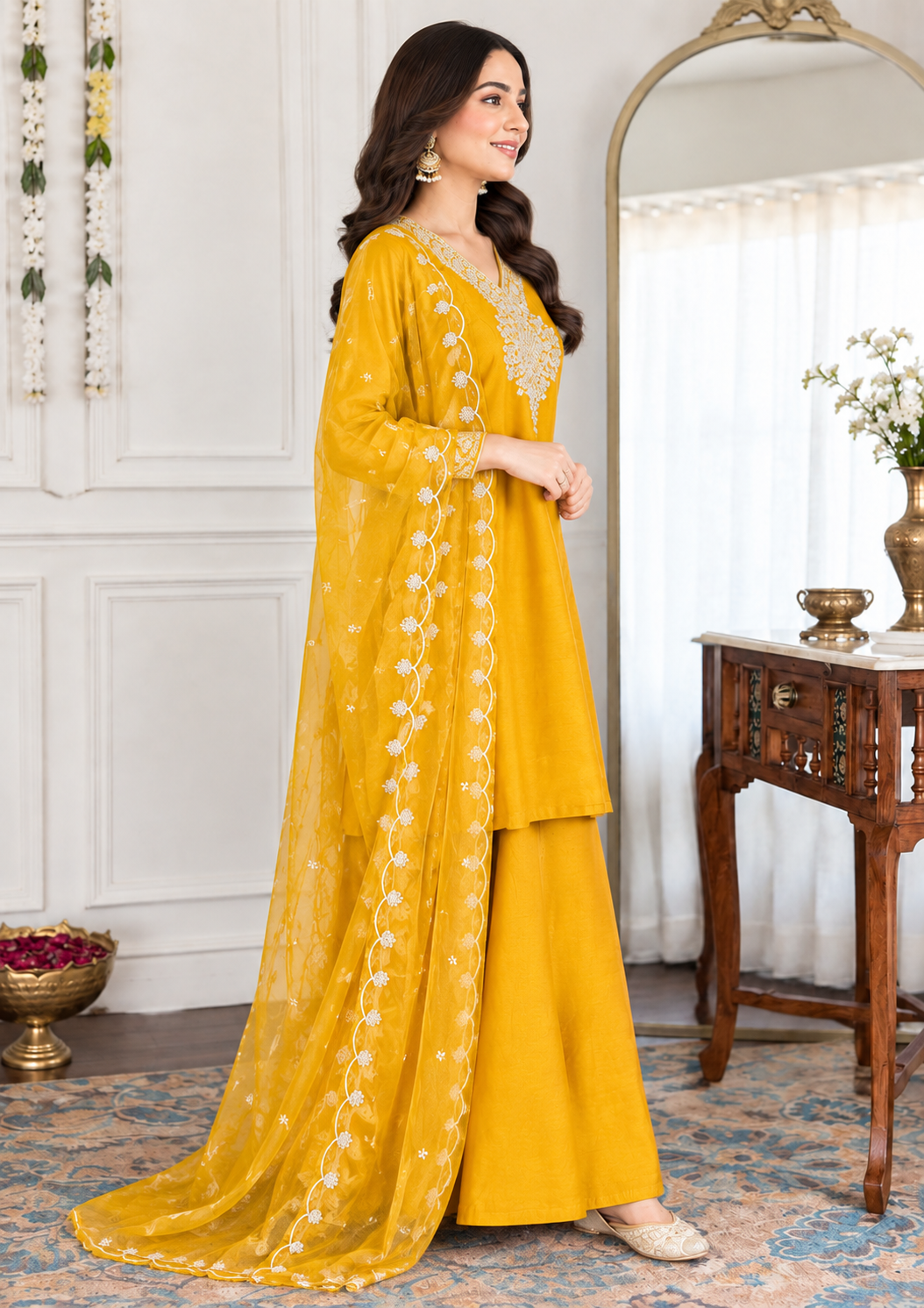 Mustard Roman Silk Charm – Zari Embroidered Divider Set