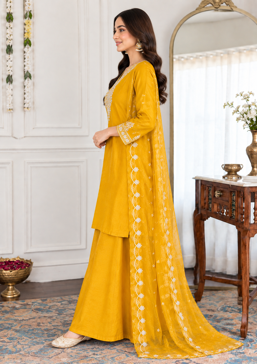 Mustard Roman Silk Charm – Zari Embroidered Divider Set