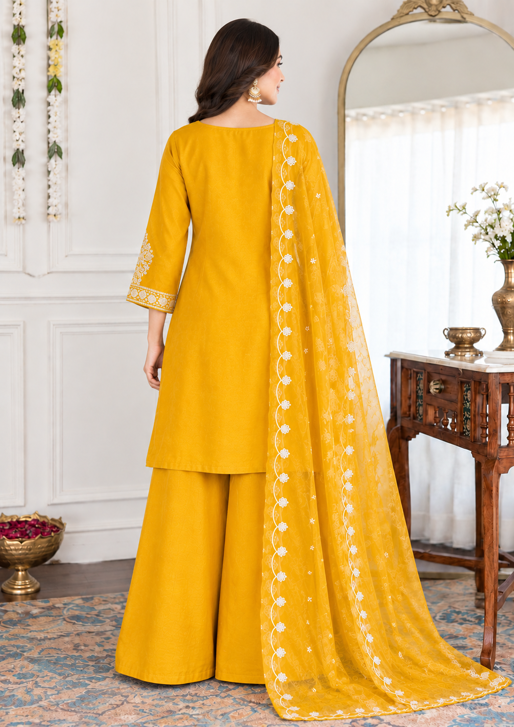 Mustard Roman Silk Charm – Zari Embroidered Divider Set